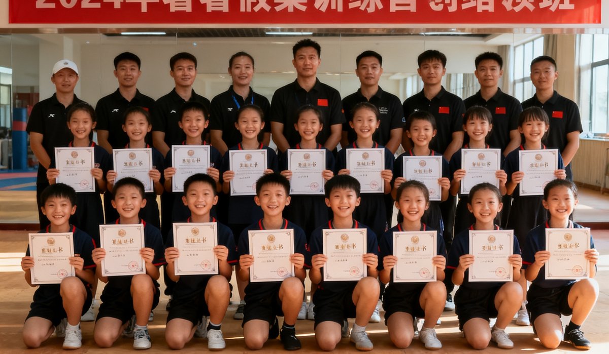 2025年暑假集训营结营合影，学员们手举结业证书笑容灿烂，教练团队站在后排