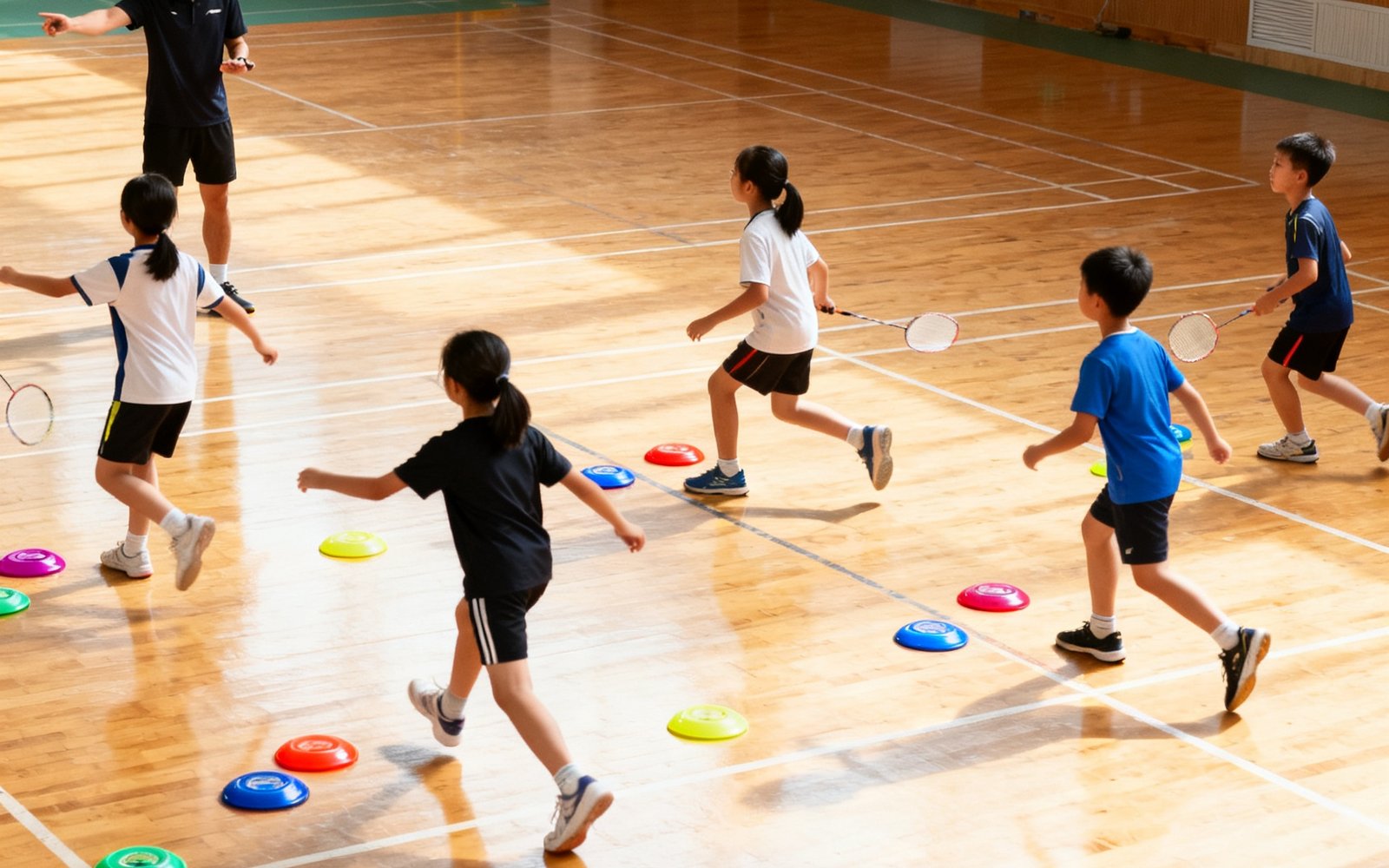 青少年基础班教学场景，六名小学员在教练带领下进行羽毛球步法训练，场地使用彩色标志碟辅助教学
